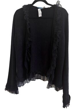 Ruffled Open-Front Black Women's Sweater Cardigan